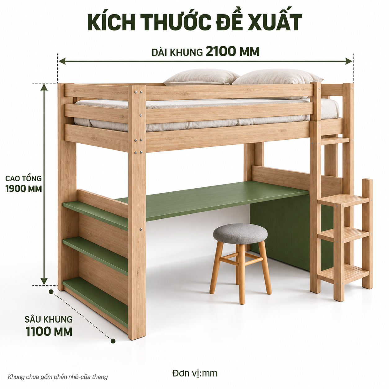 Kích thước khung đề xuất GHS-9159 dài 2100, sâu 1100, cao 1900 mm, chưa gồm thang Kích thước khung đề xuất GHS-9159 dài 2100, sâu 1100, cao 1900 mm, chưa gồm thang