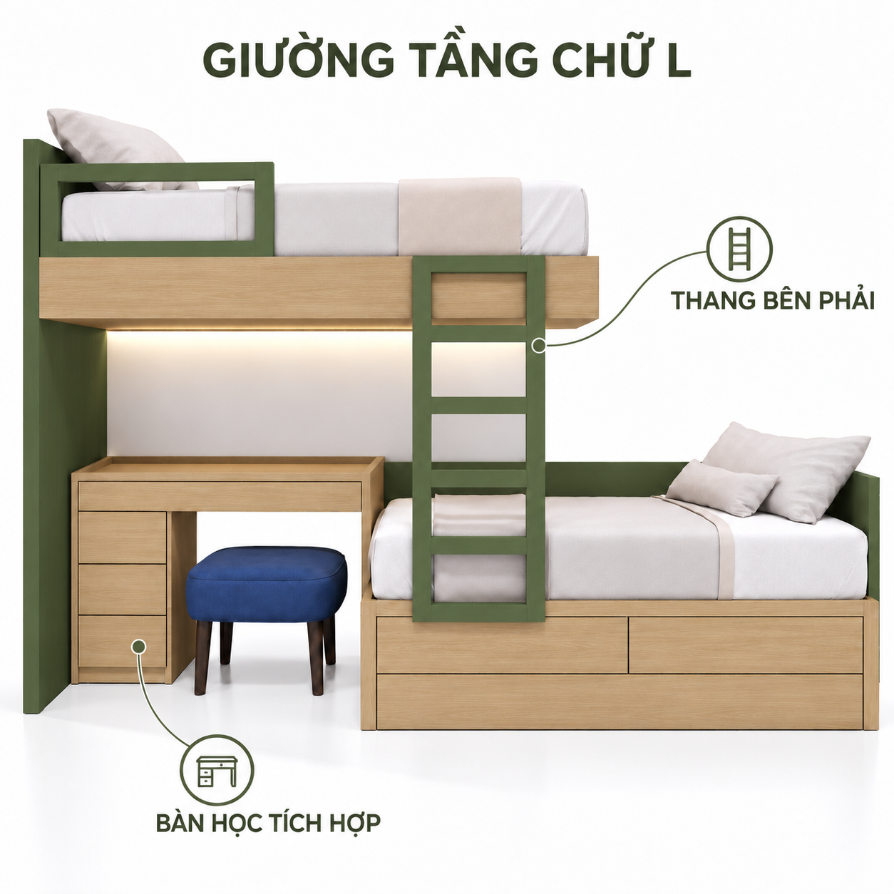 Thiết kế giường tầng chữ L GHS-9174 có bàn bốn ngăn kéo và giường dưới lệch phải