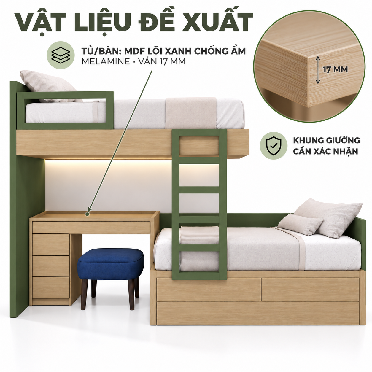 Phương án bàn và hộc MDF 17 mm, khung chịu lực giường GHS-9174 chốt riêng