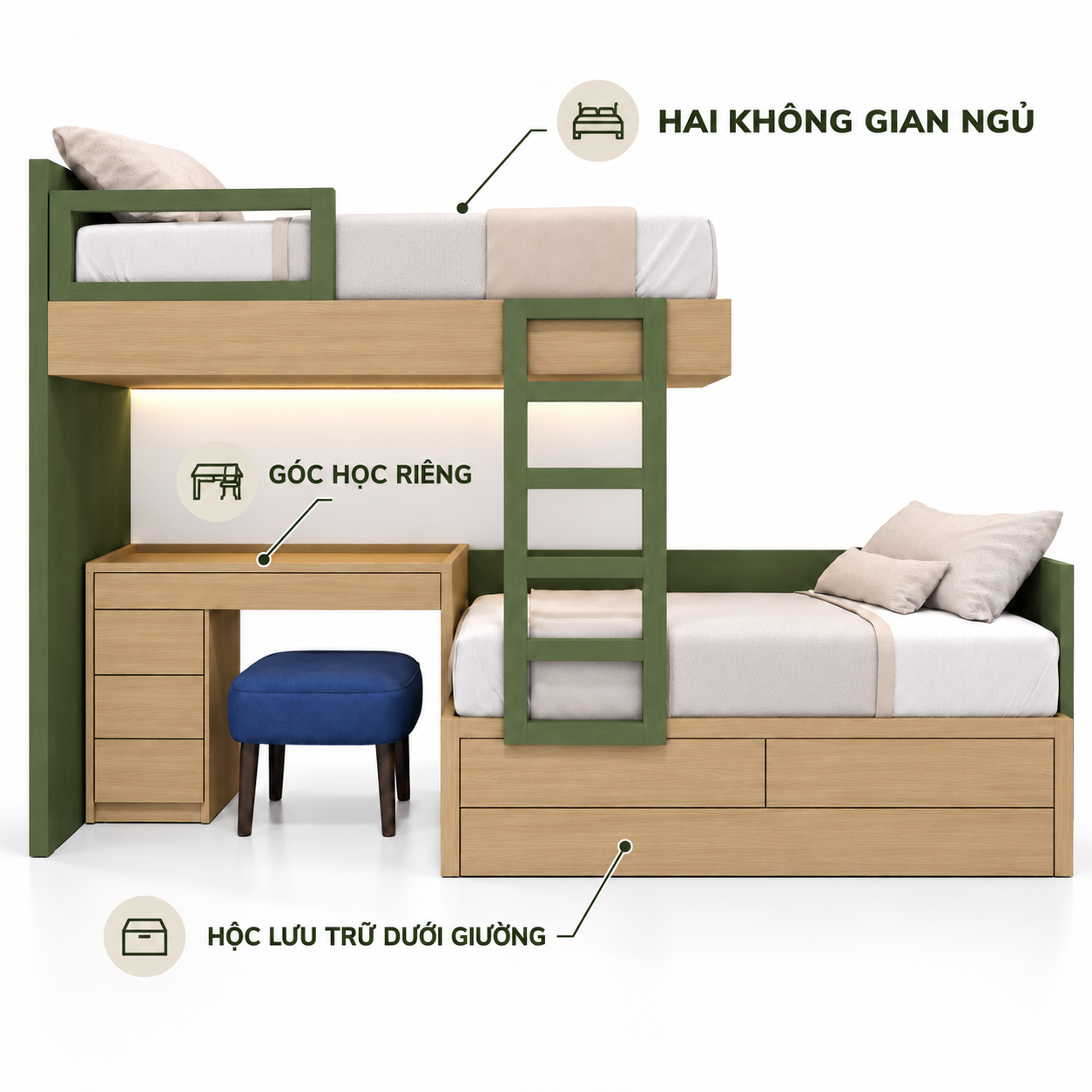 Bàn bốn ngăn kéo, hộc dưới giường và đèn LED minh họa GHS-9174