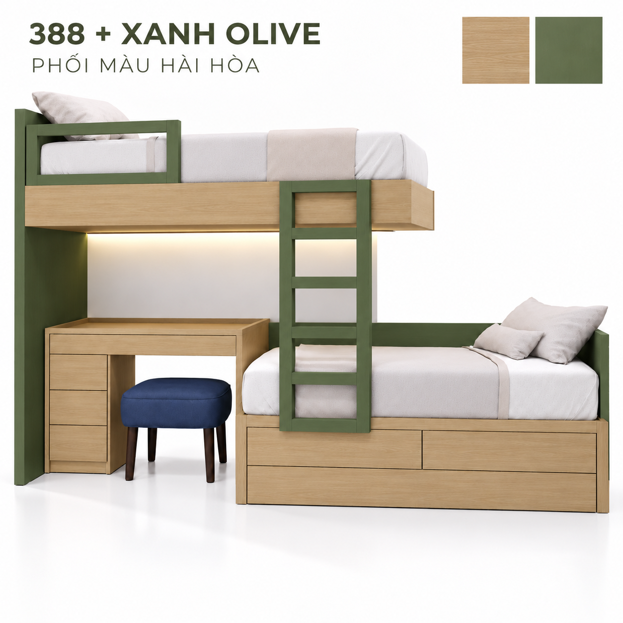 Giường tầng chữ L GHS-9174 phối hai màu gỗ sáng và xanh olive