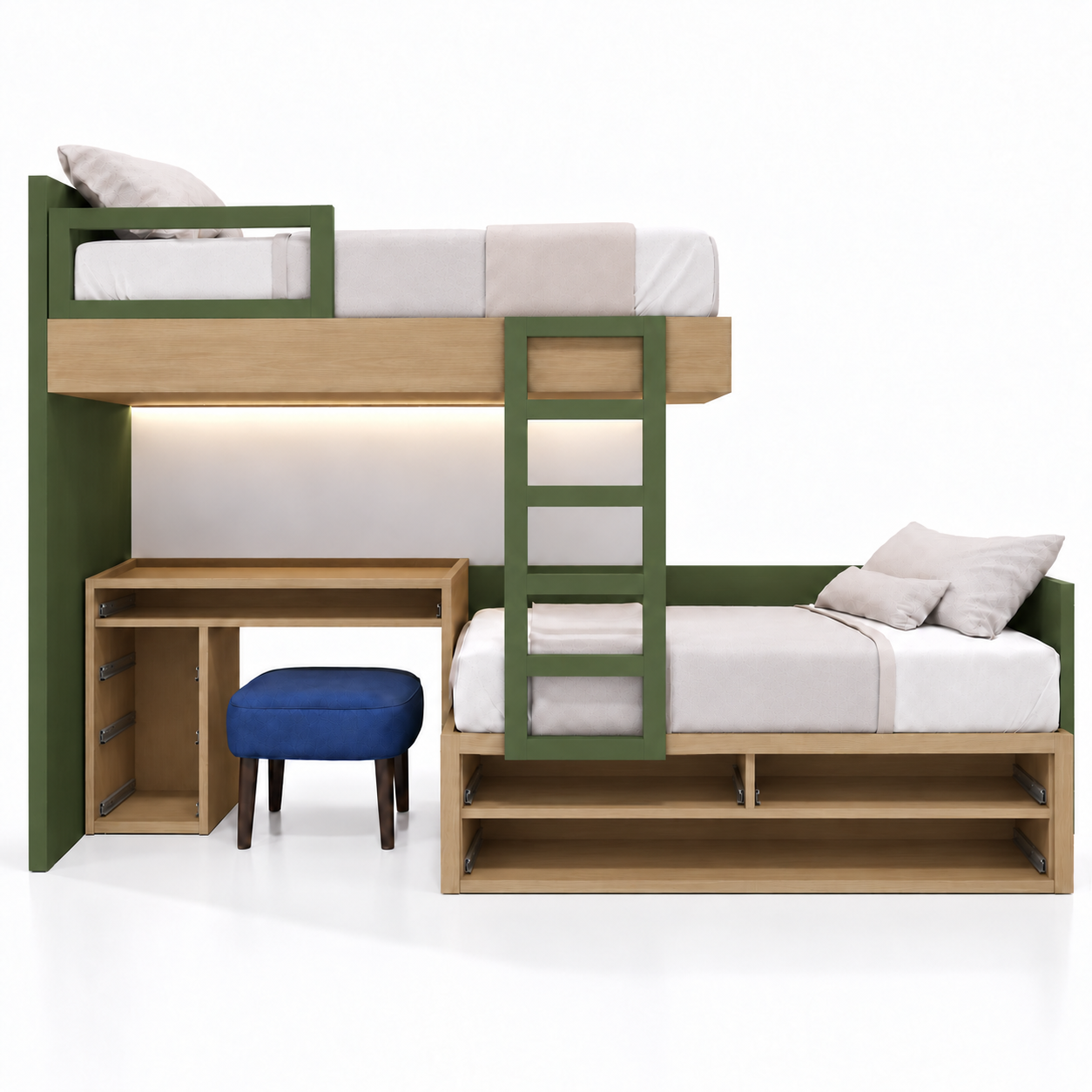 Minh họa bố trí hai giường lệch, bàn và thang GHS-9174