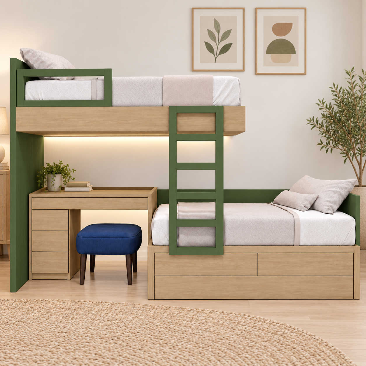 Phối cảnh phòng ngủ có giường tầng chữ L liền bàn GHS-9174