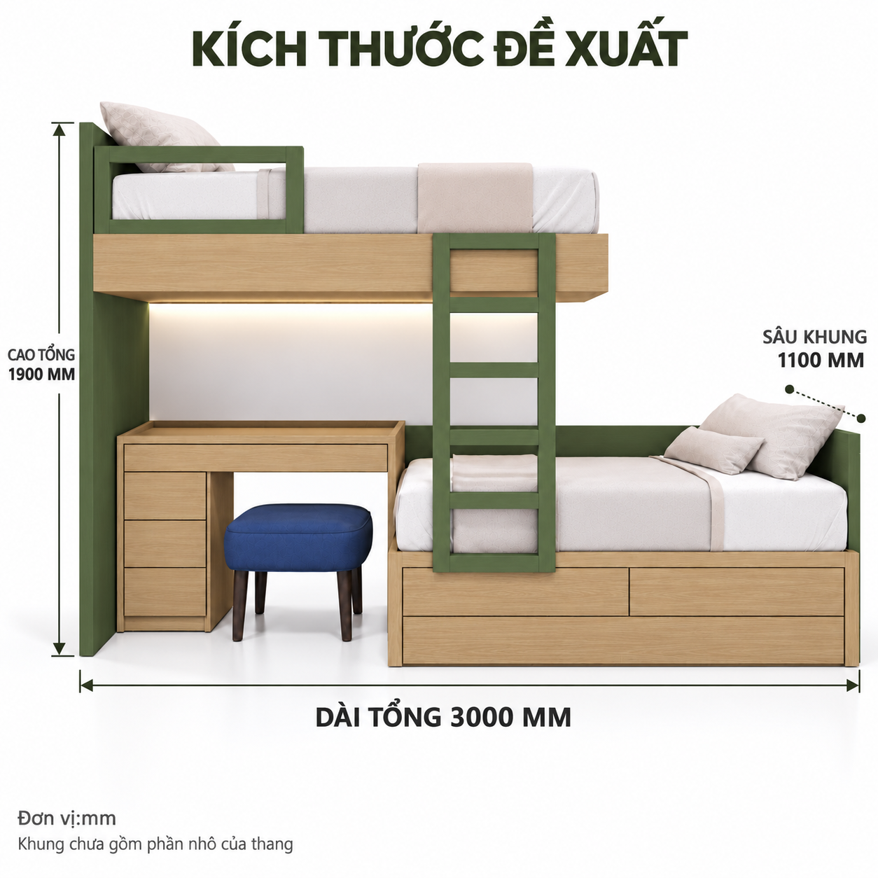 Kích thước tổng thể đề xuất giường chữ L GHS-9174 dài 3000, sâu 1100, cao 1900 mm