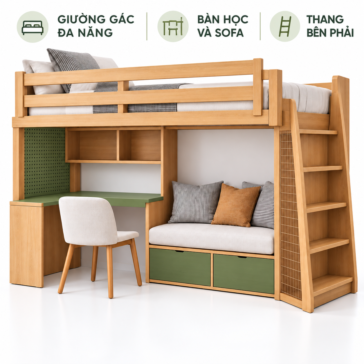 Thiết kế giường gác GHS-9175 có bàn trái, sofa và thang phải Thiết kế giường gác GHS-9175 có bàn trái, sofa và thang phải