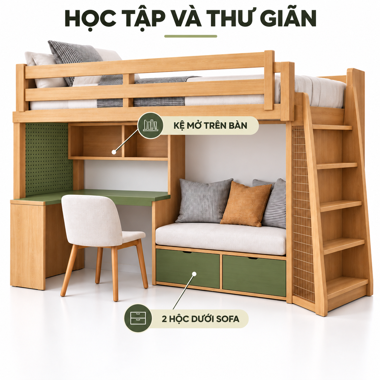 Kệ mở trên bàn và hai hộc dưới sofa giường gác GHS-9175 Kệ mở trên bàn và hai hộc dưới sofa giường gác GHS-9175