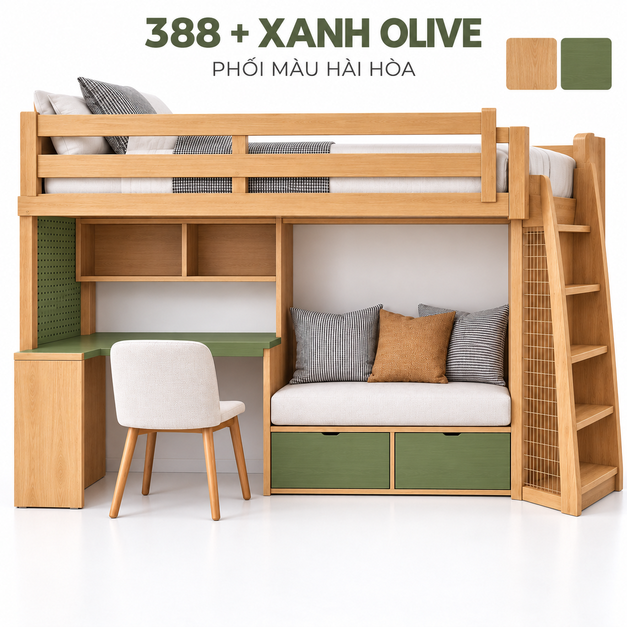 Giường gác sofa GHS-9175 phối gỗ sáng và xanh olive Giường gác sofa GHS-9175 phối gỗ sáng và xanh olive