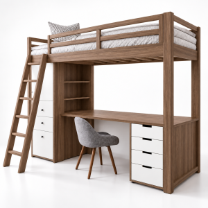 Giường gác bàn học tủ bốn ngăn GHS-9177 phối gỗ óc chó 612 và trắng trơn