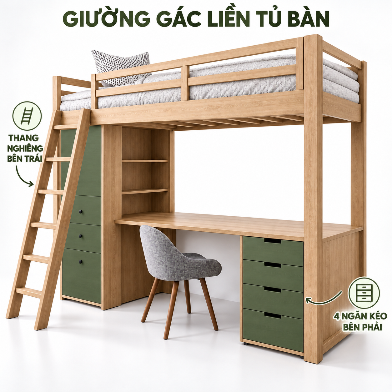 Thiết kế giường gác GHS-9177 có thang nghiêng trái và bốn ngăn kéo phải
