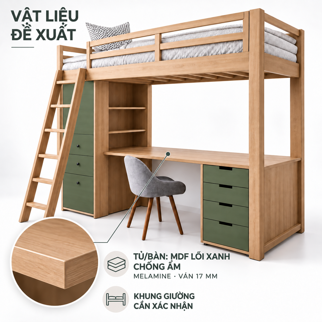 Phương án tủ bàn MDF 17 mm, khung giường gác GHS-9177 chốt riêng