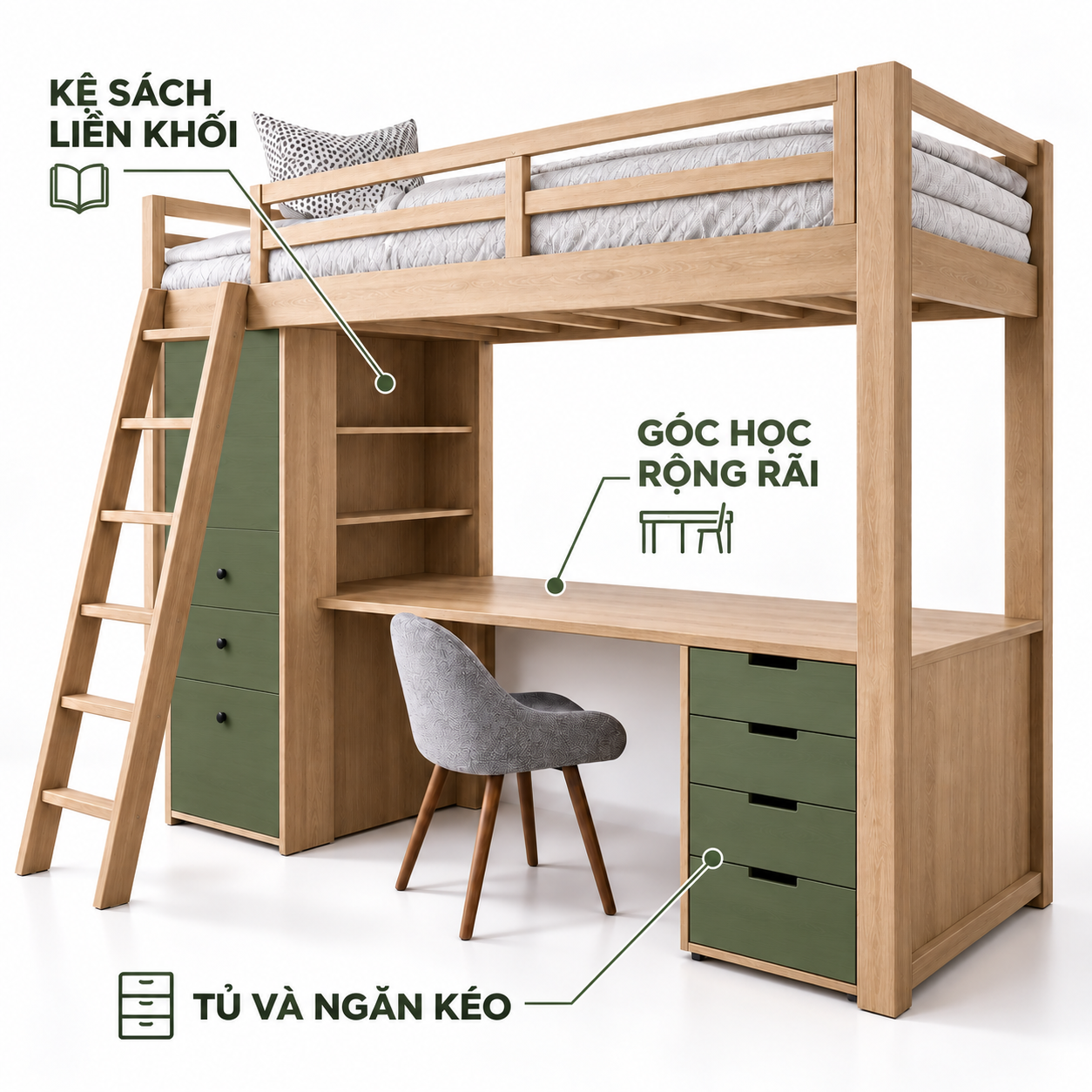 Góc học và kệ sách liền hệ tủ dưới giường gác GHS-9177