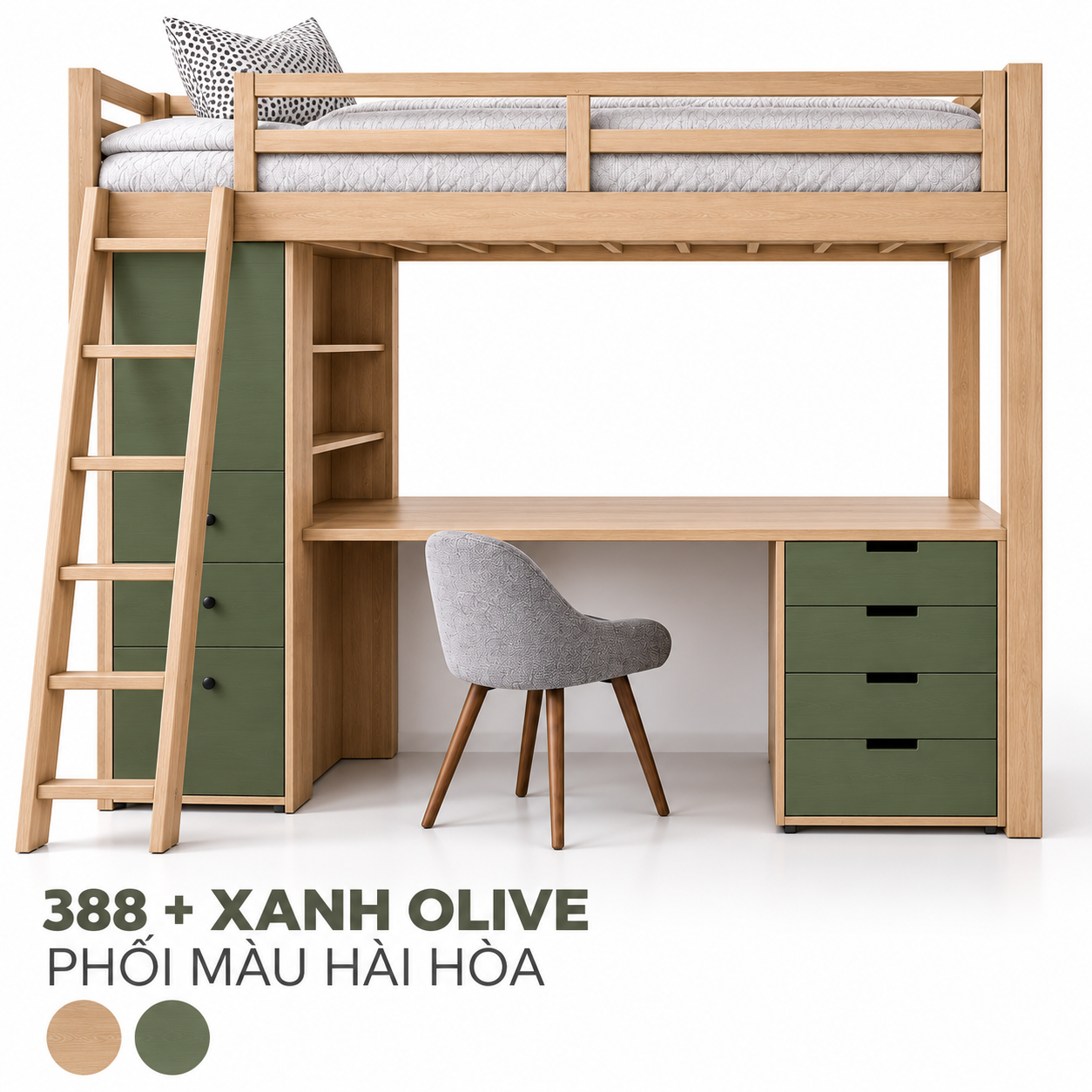 Giường gác bàn học GHS-9177 phối gỗ sáng và xanh olive