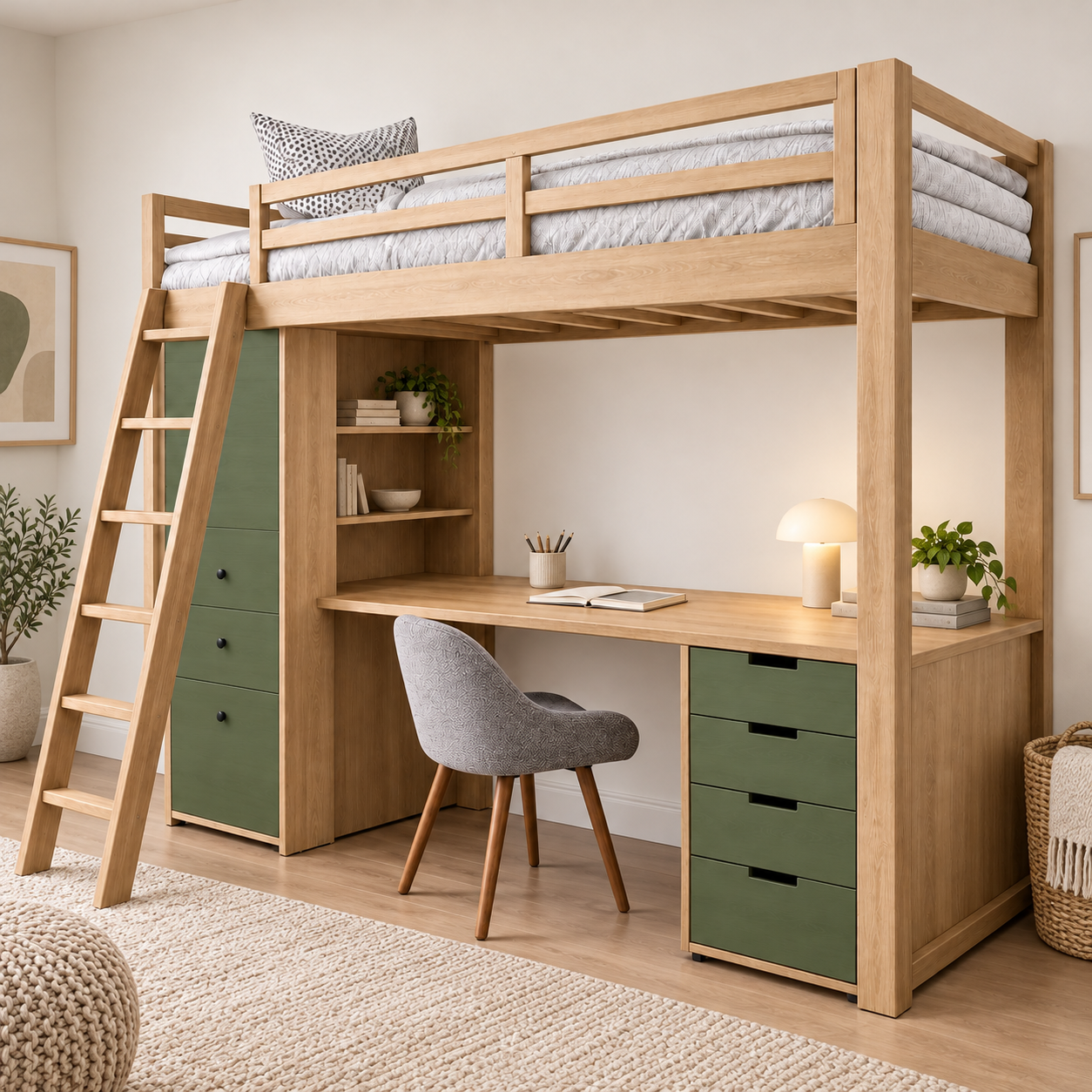 Phối cảnh phòng ngủ có giường gác liền bàn và tủ GHS-9177