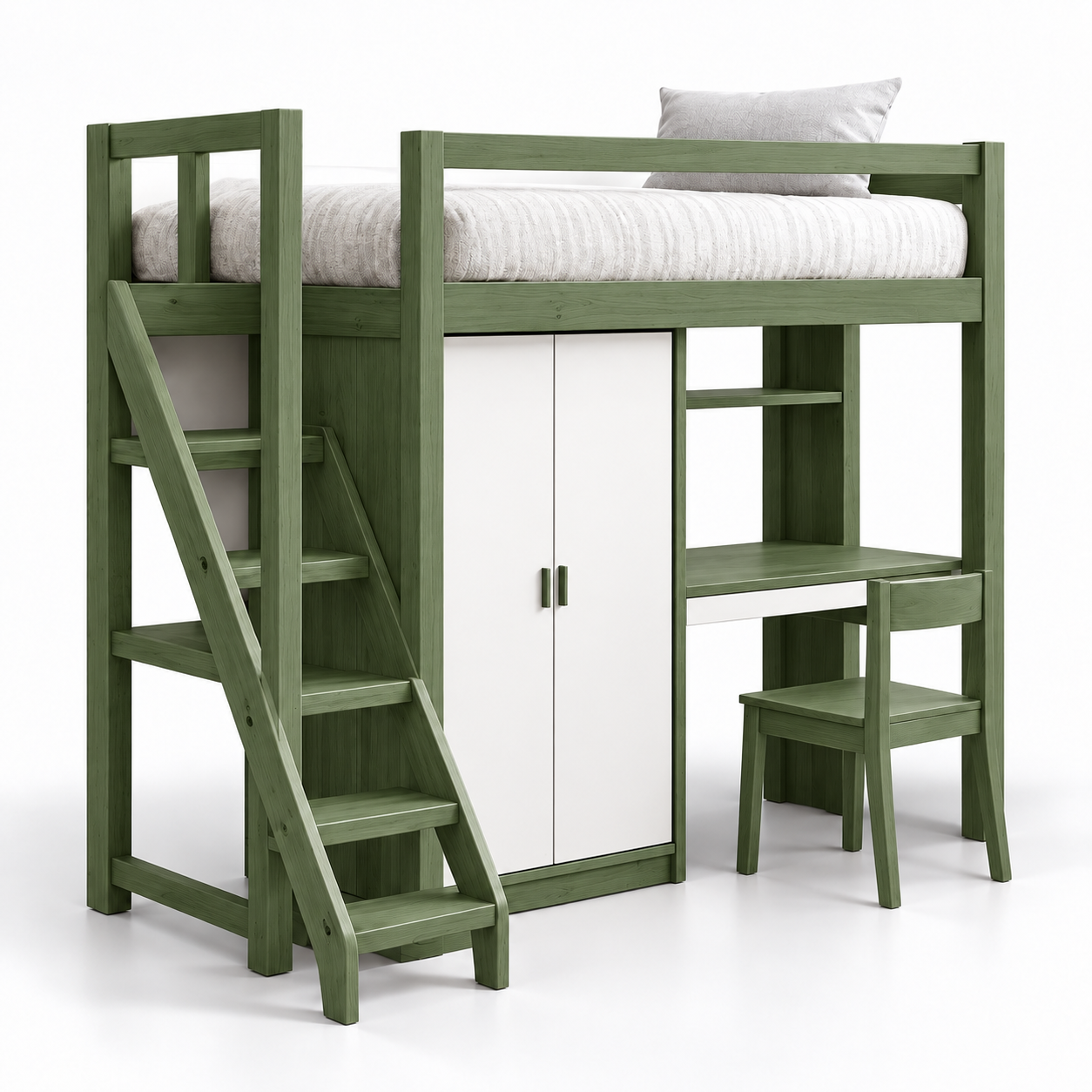 Giường gác tủ hai cánh bàn học GHS-9193 phối xanh olive và trắng trơn