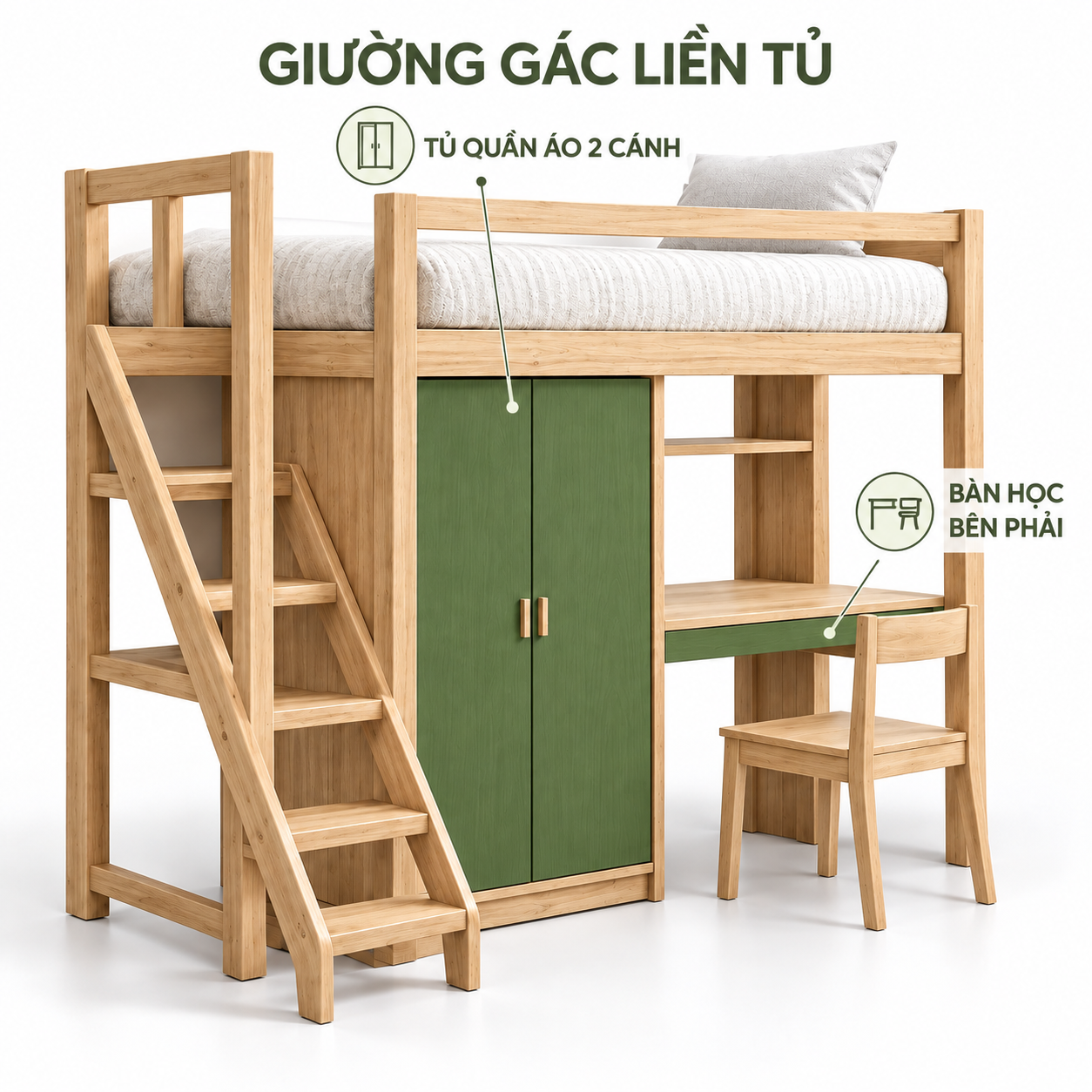 Thiết kế giường gác GHS-9193 với tủ hai cánh giữa và bàn phải Thiết kế giường gác GHS-9193 với tủ hai cánh giữa và bàn phải