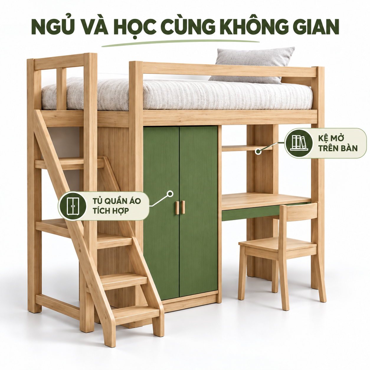 Giường gác GHS-9193 có tủ áo, bàn học và kệ mở phía trên Giường gác GHS-9193 có tủ áo, bàn học và kệ mở phía trên