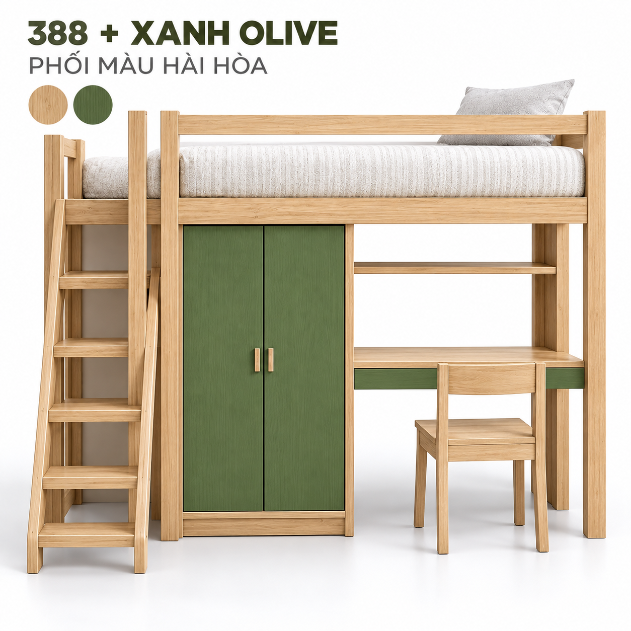 Giường gác tủ bàn GHS-9193 phối gỗ sáng và xanh olive Giường gác tủ bàn GHS-9193 phối gỗ sáng và xanh olive