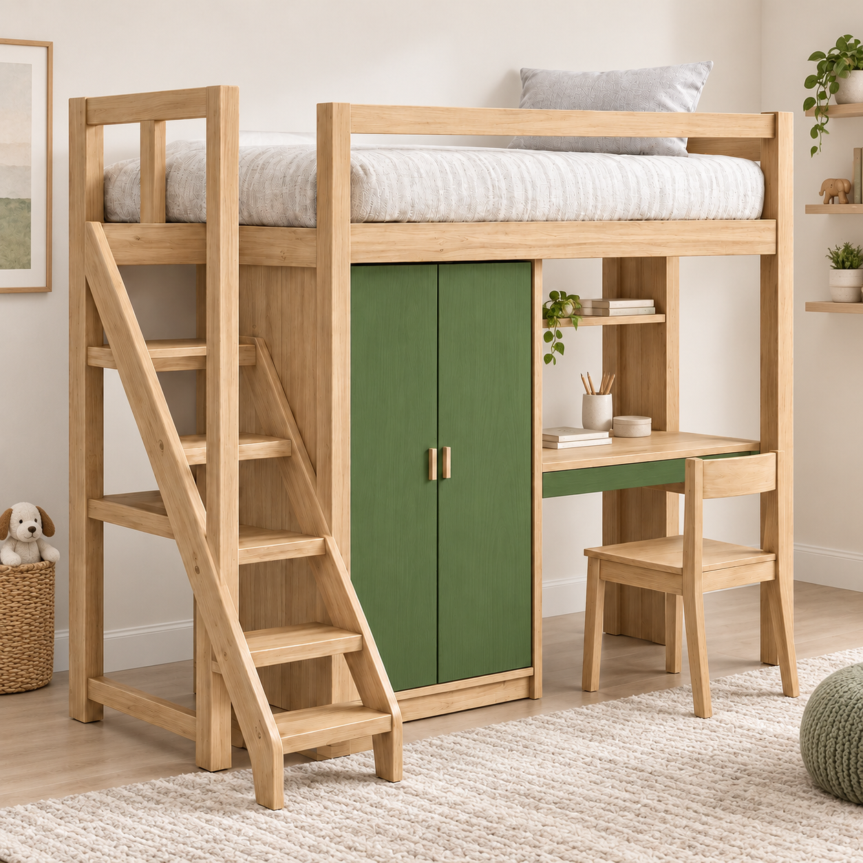 Phối cảnh giường gác liền tủ hai cánh và bàn học GHS-9193 Phối cảnh giường gác liền tủ hai cánh và bàn học GHS-9193