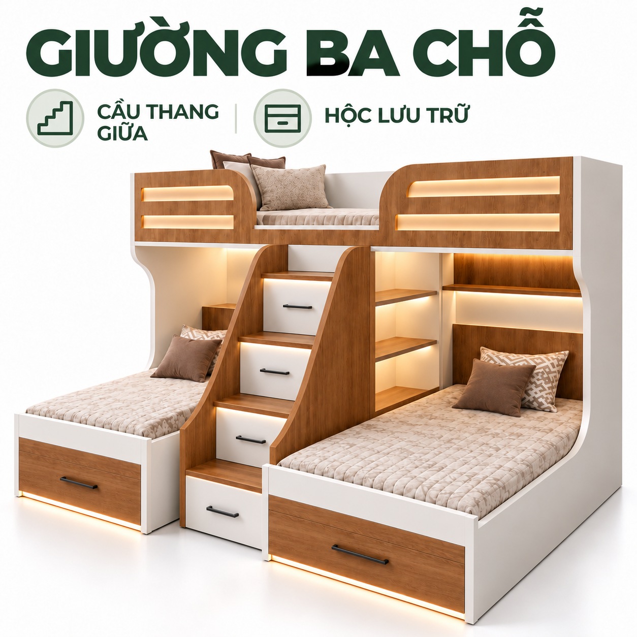 Thiết kế một giường trên và hai giường dưới với cầu thang giữa