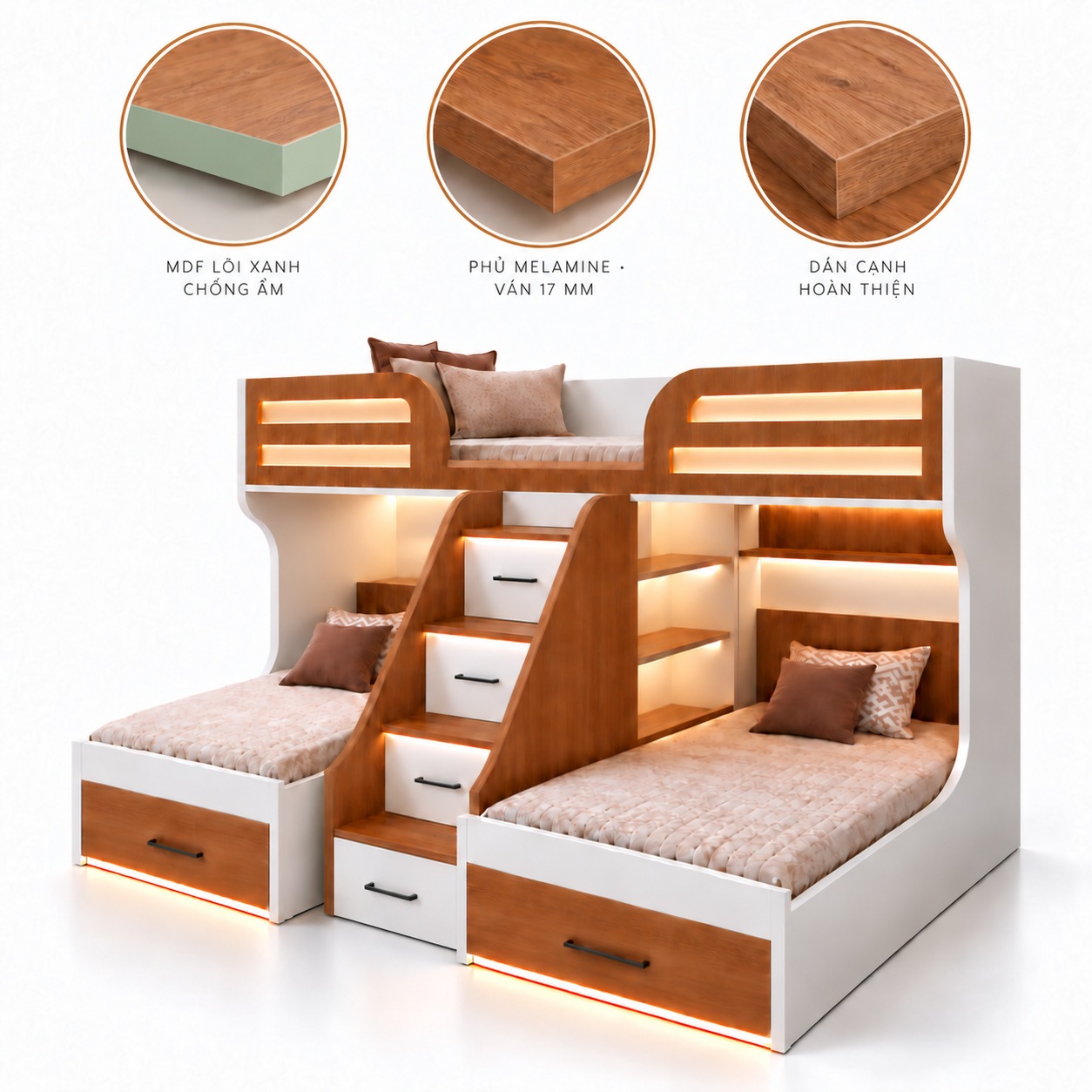 Minh họa phương án MDF lõi xanh phủ Melamine, ván 17 mm và nẹp cùng màu