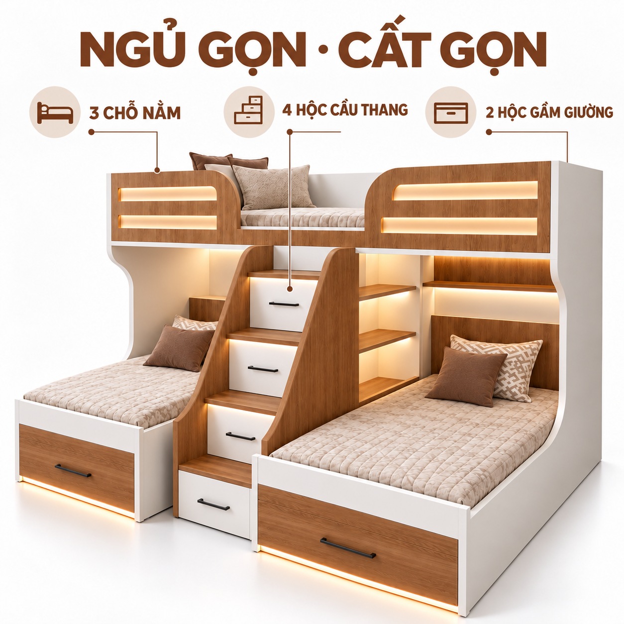 Công năng bốn hộc cầu thang, hai hộc gầm giường và kệ sách mở