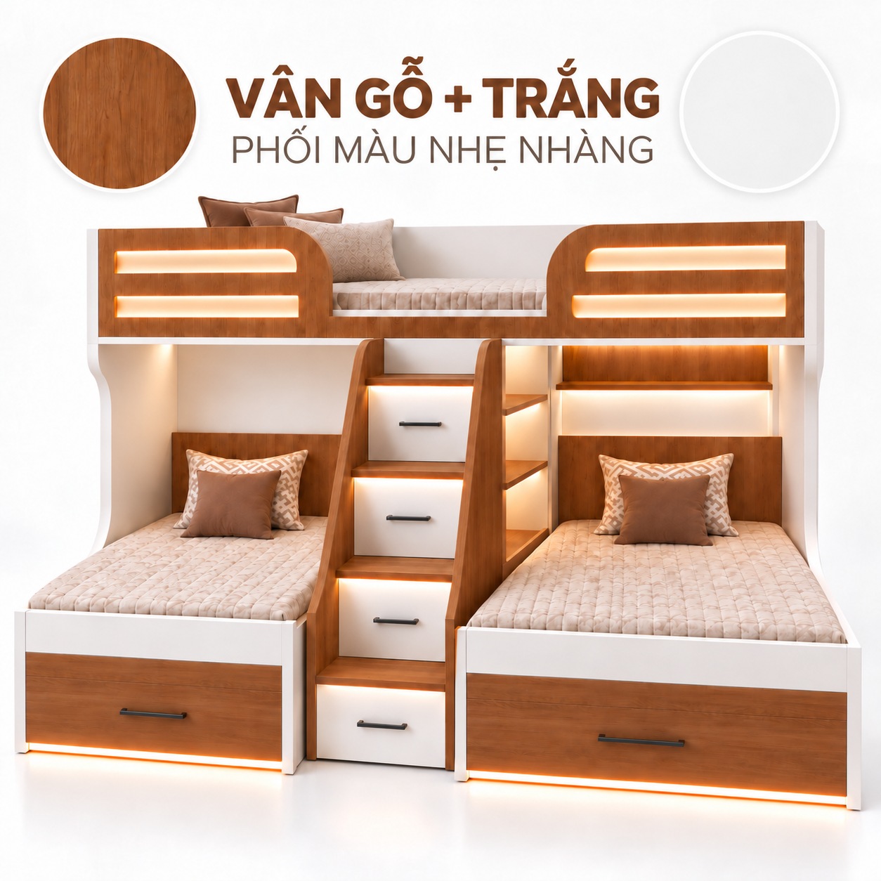 Giường ba chỗ phối màu gỗ và trắng với đèn LED hắt sáng