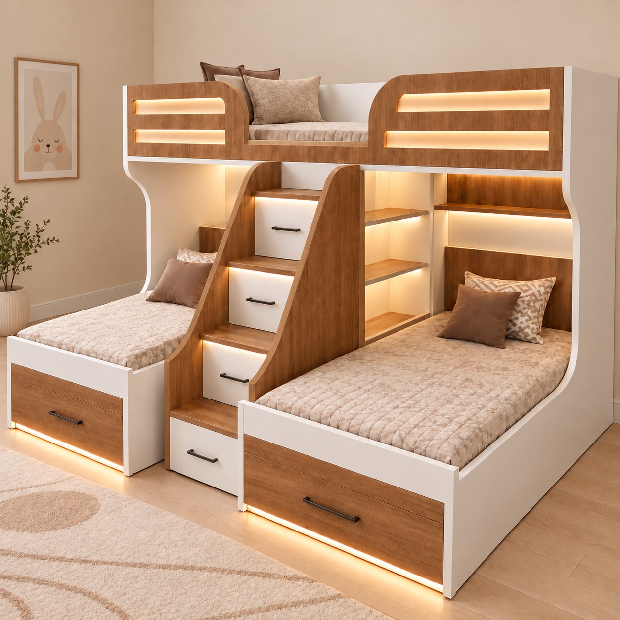 Phối cảnh dựng giường ba chỗ cầu thang giữa trong phòng ngủ