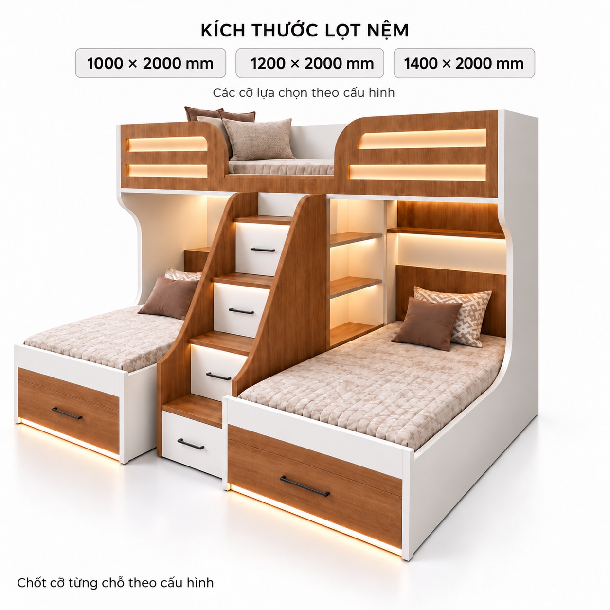 Cỡ lọt nệm lựa chọn 1000 x 2000, 1200 x 2000 và 1400 x 2000 mm cho giường ba chỗ GHS-9194