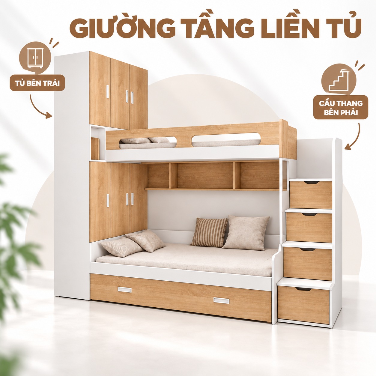 Thiết kế giường tầng với tủ bên trái, cầu thang hộc kéo bên phải