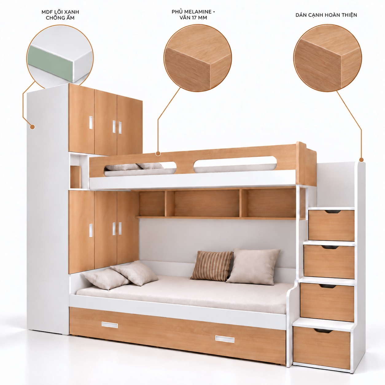 Minh họa phương án MDF lõi xanh phủ Melamine và nẹp cùng màu