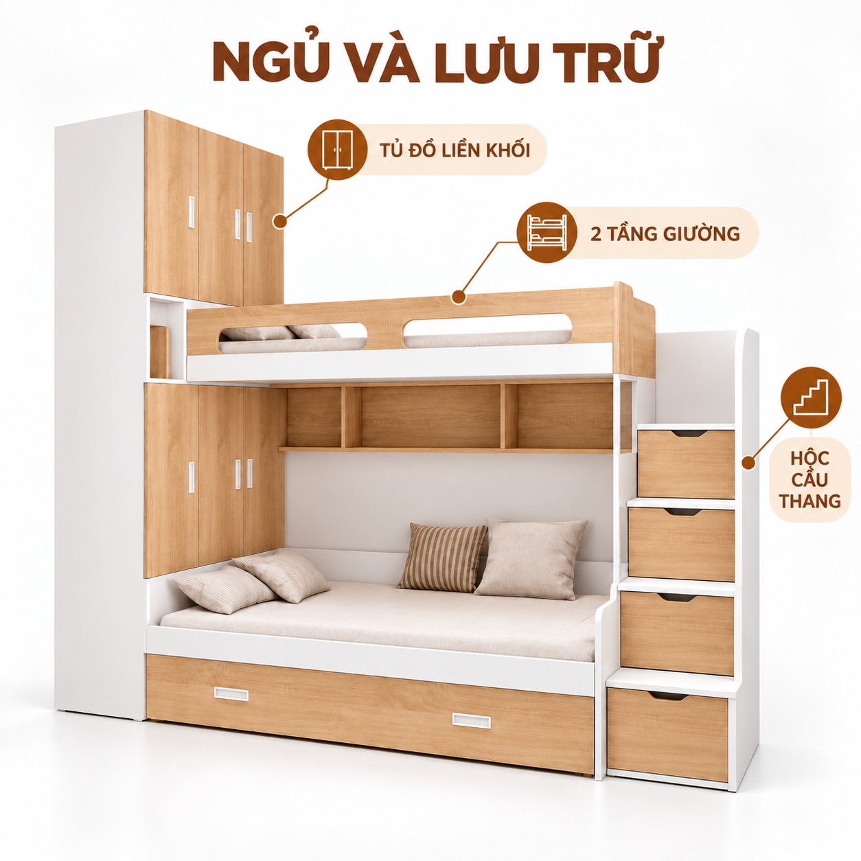 Tủ chia cánh, kệ sách, bốn hộc cầu thang và một hộc gầm giường