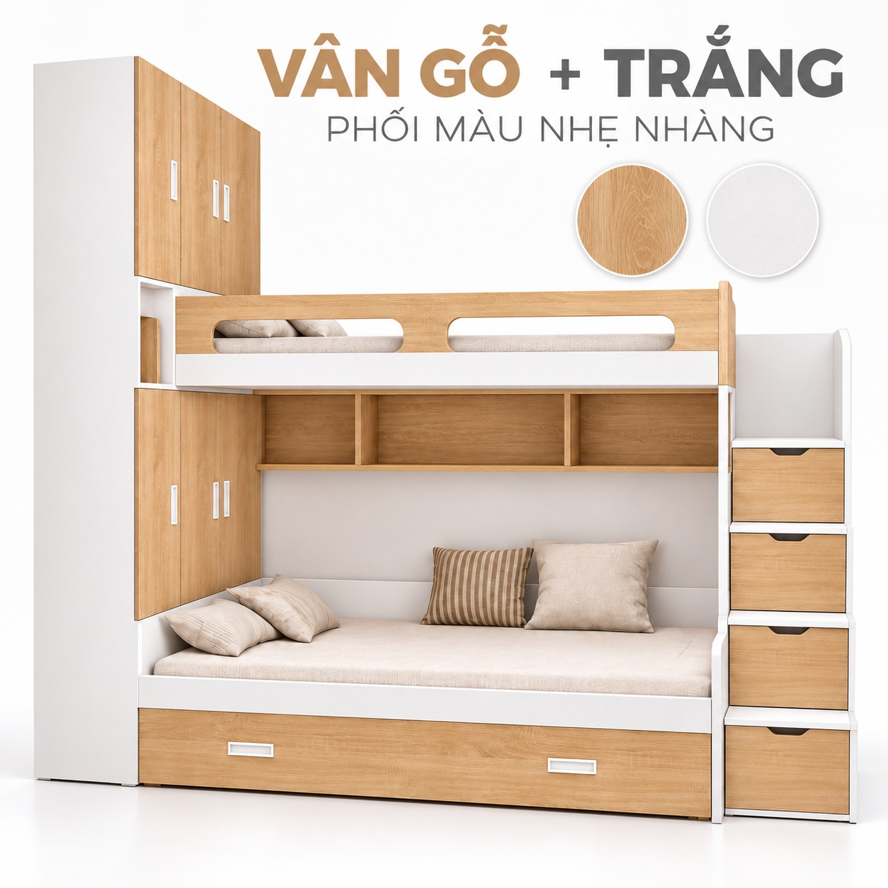 Giường tầng tủ trái phối màu gỗ và trắng