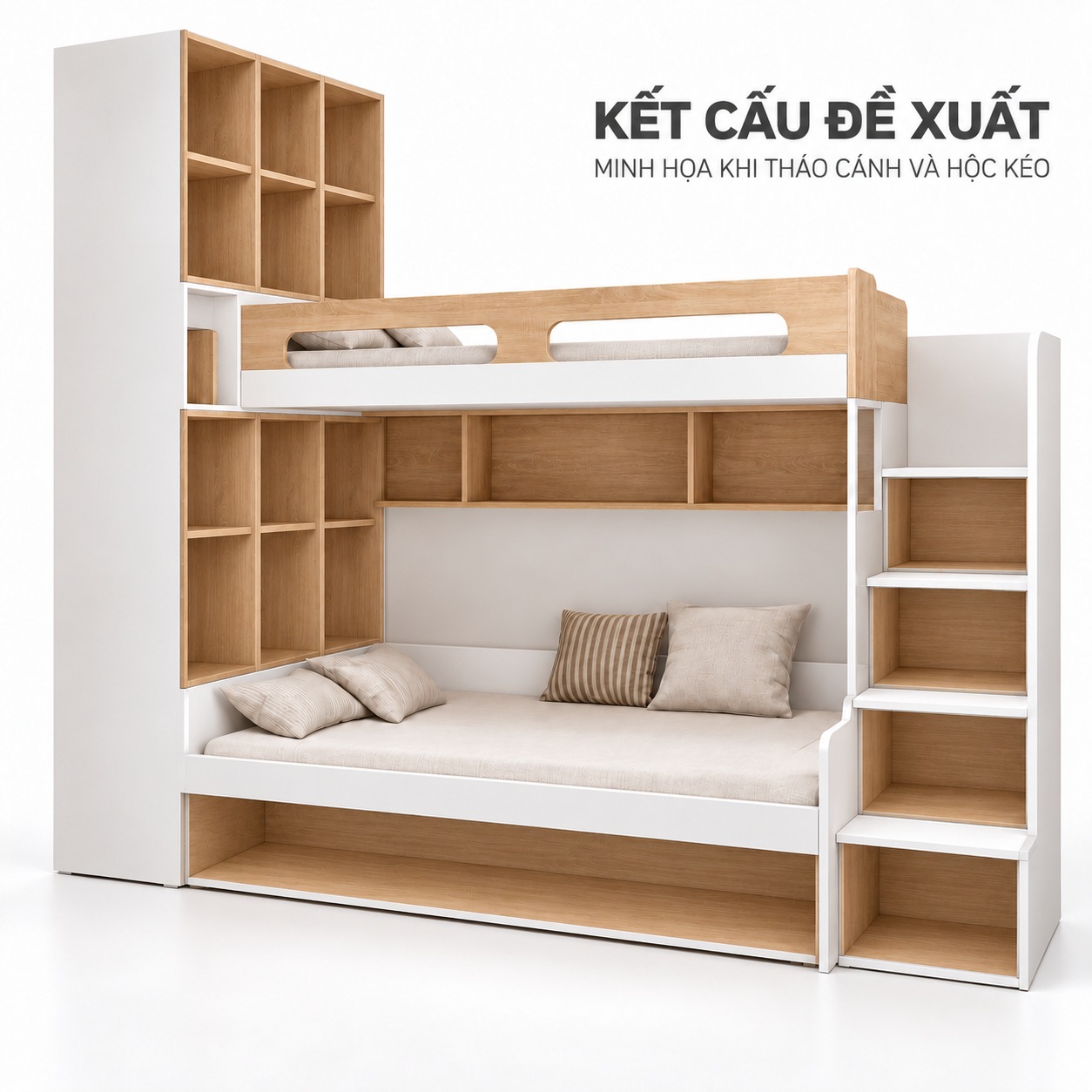 Minh họa kết cấu đề xuất với hộc cầu thang và hộc gầm tháo rời