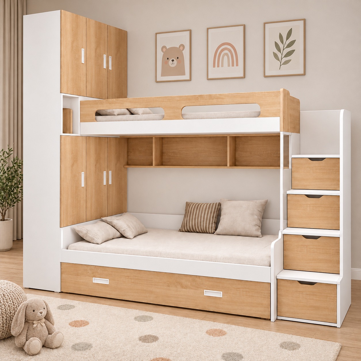 Phối cảnh dựng giường tầng liền tủ trong phòng ngủ