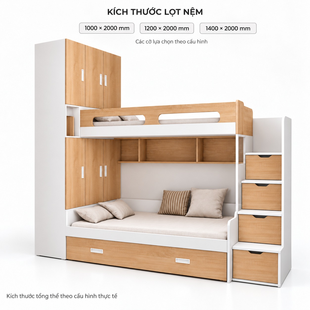 Cỡ lọt nệm lựa chọn 1000 x 2000, 1200 x 2000 và 1400 x 2000 mm cho giường tầng tủ trái GHS-9195
