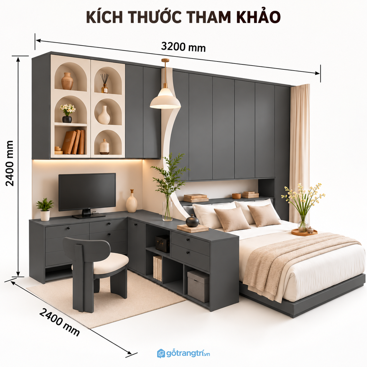 GiGiường ngủ kết hợp bàn làm việc chữ L, tủ treo và kệ lưu trữ tiện nghi.