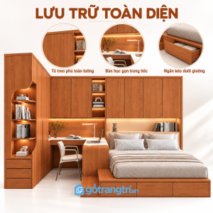 Giường bục có ngăn kéo, bàn học và tủ treo tăng khả năng lưu trữ