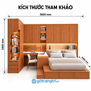 Giường bục gỗ nâu liền bàn học và tủ quần áo chữ L cho phòng ngủ hiện đại