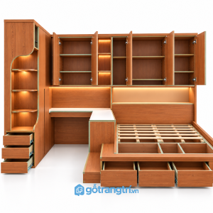 Giường bục gỗ nâu liền bàn học và tủ quần áo chữ L GHS-9137 - hình ảnh thực tế 1