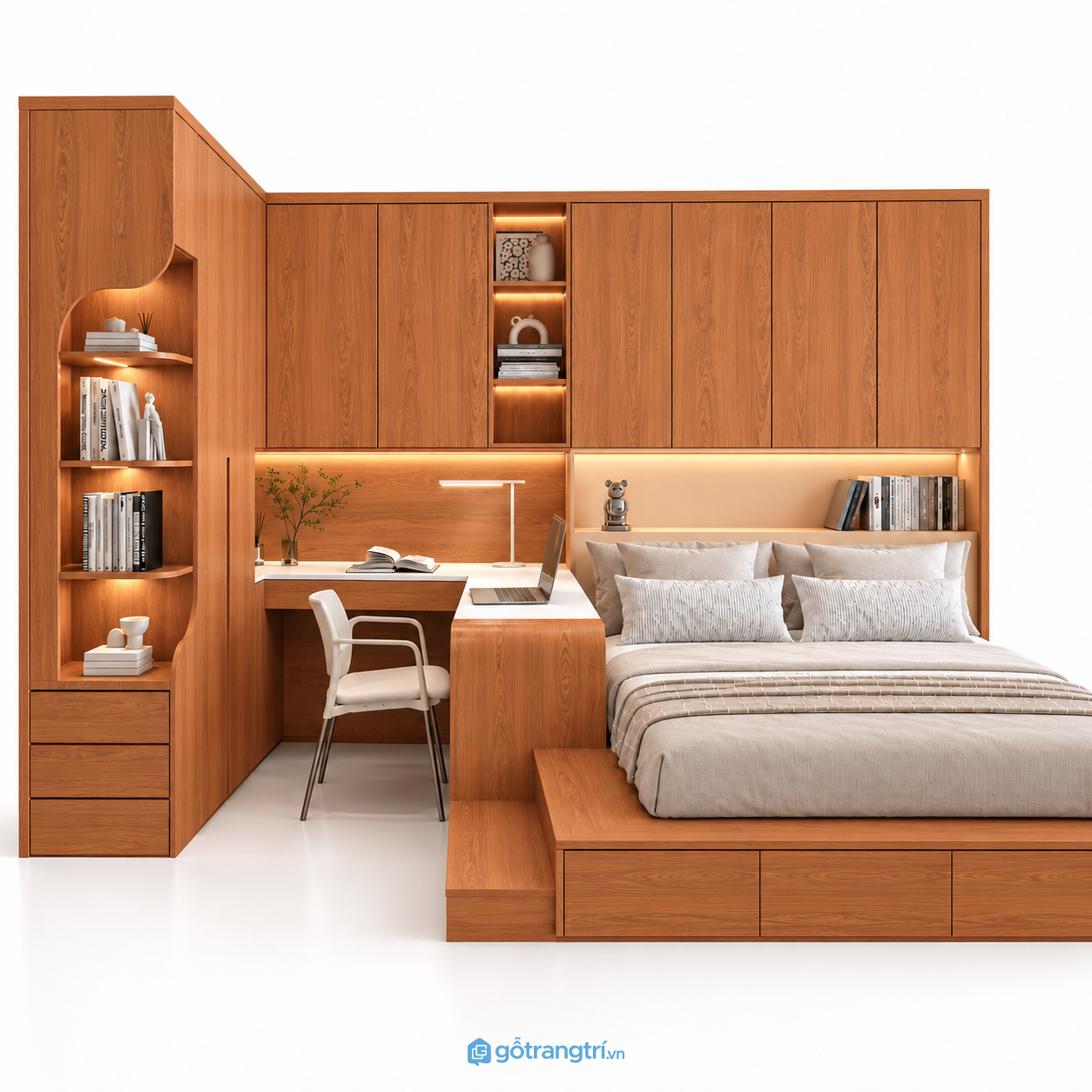 Giường bục gỗ nâu liền bàn học và tủ quần áo chữ L GHS-9137 - Màu gỗ xoan đào - GHS-9137b Giường bục gỗ nâu liền bàn học và tủ quần áo chữ L GHS-9137 - Màu gỗ xoan đào - GHS-9137b