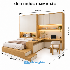 Giường bục liền bàn làm việc chữ L hiện đại cho phòng ngủ đa năng