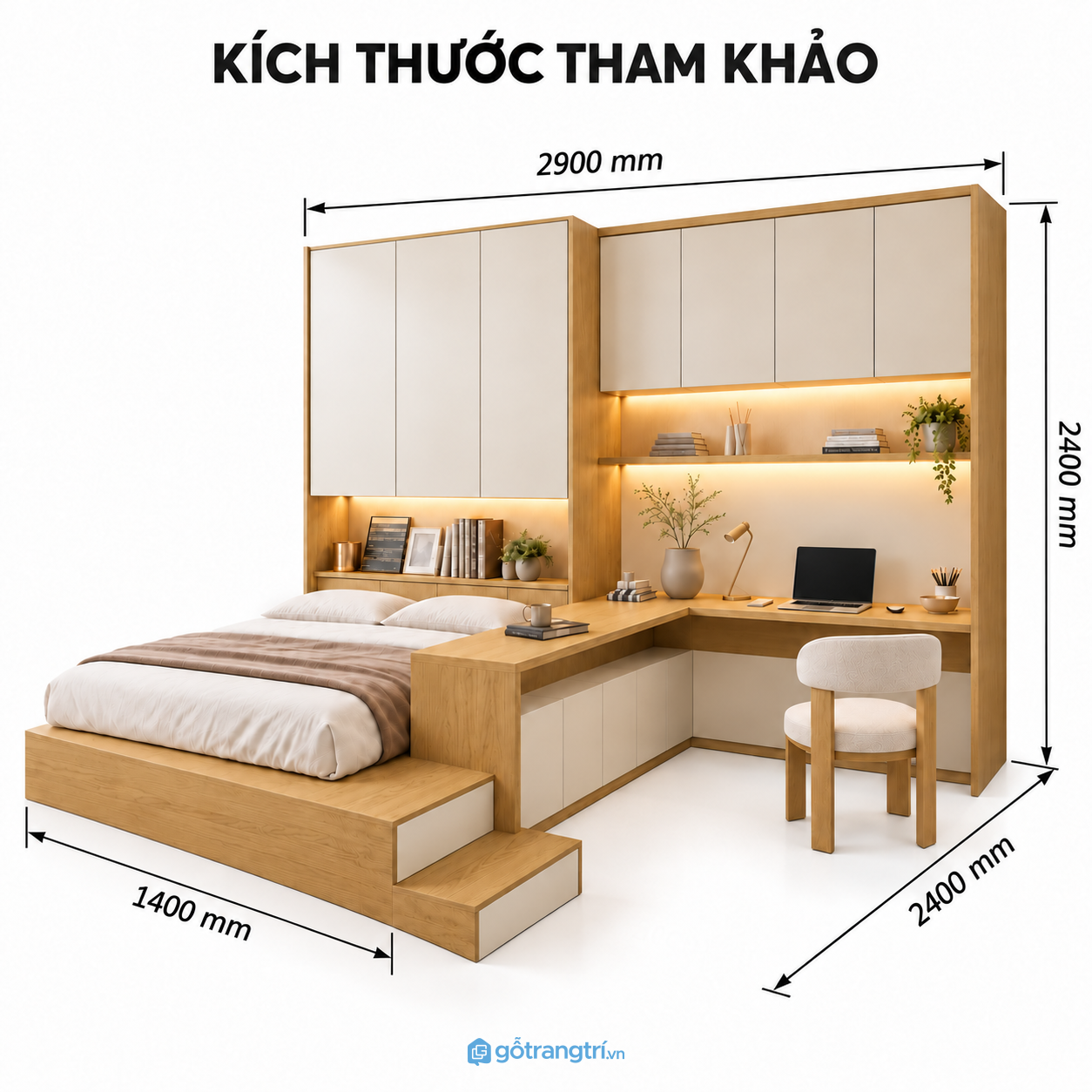 Giường bục liền bàn làm việc chữ L hiện đại cho phòng ngủ đa năng