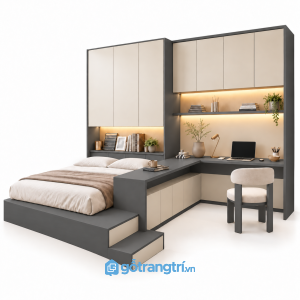 Giường bục liền bàn làm việc chữ L hiện đại GHS-9115 - 2900X2400X2400MM - Màu ghi - GHS-9115A