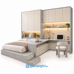 Giường bục liền bàn làm việc chữ L hiện đại GHS-9115 - 2900X2400X2400MM - Màu gỗ 413 - GHS-9115B