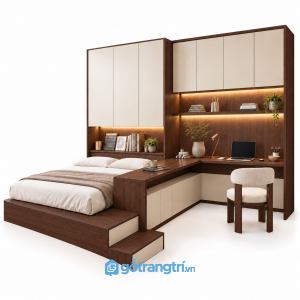 Giường bục liền bàn làm việc chữ L hiện đại GHS-9115 - 2900X2400X2400MM - Màu gỗ 613 - GHS-9115C