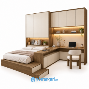 Giường bục liền bàn làm việc chữ L hiện đại GHS-9115 - 2900X2400X2400MM - Màu gỗ óc chó - GHS-9115D