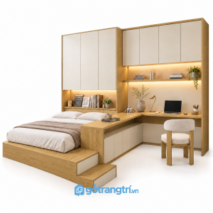Giường bục liền bàn làm việc chữ L hiện đại GHS-9115 - 2900X2400X2400MM - Màu gỗ sồi - GHS-9115E