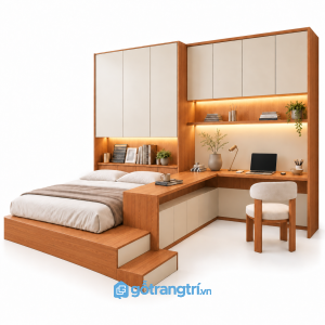 Giường bục liền bàn làm việc chữ L hiện đại GHS-9115 - 2900X2400X2400MM - Màu gỗ xoan đào - GHS-9115F
