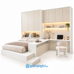 Giường bục liền bàn làm việc chữ L hiện đại GHS-9115 - 2900X2400X2400MM - Màu trắng - GHS-9115G