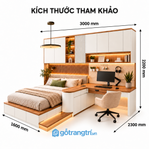 Giường bục liền bàn làm việc chữ L vân gỗ nâu – Thiết kế phòng ngủ đa năng hiện đại